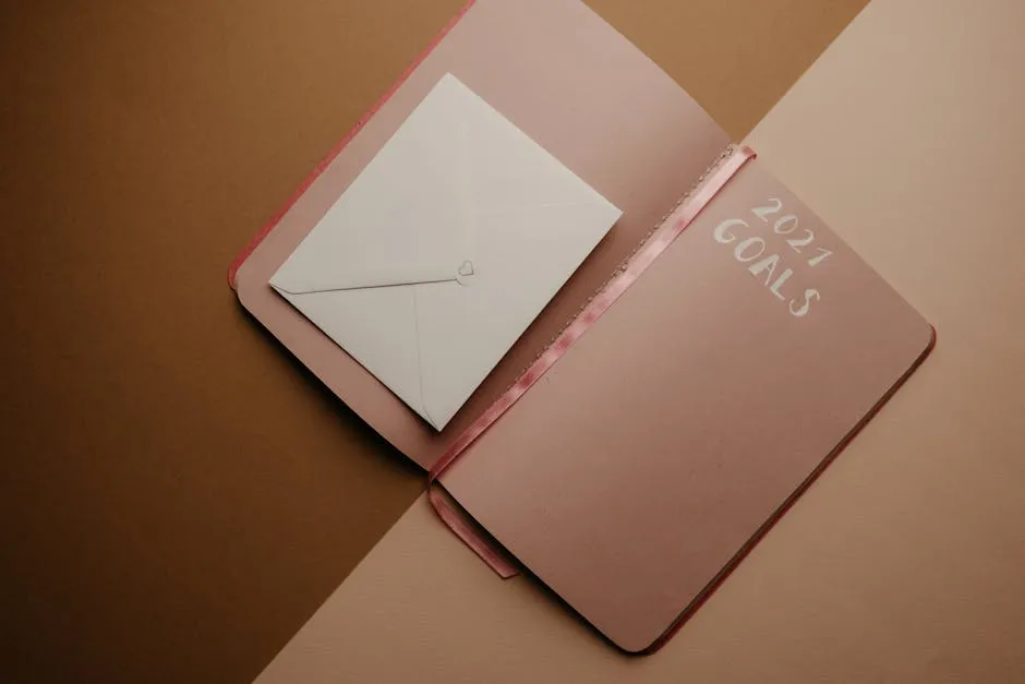 A goal-setter planning the year ahead in a notebook — pen in hand, calendar visible, focused workspace